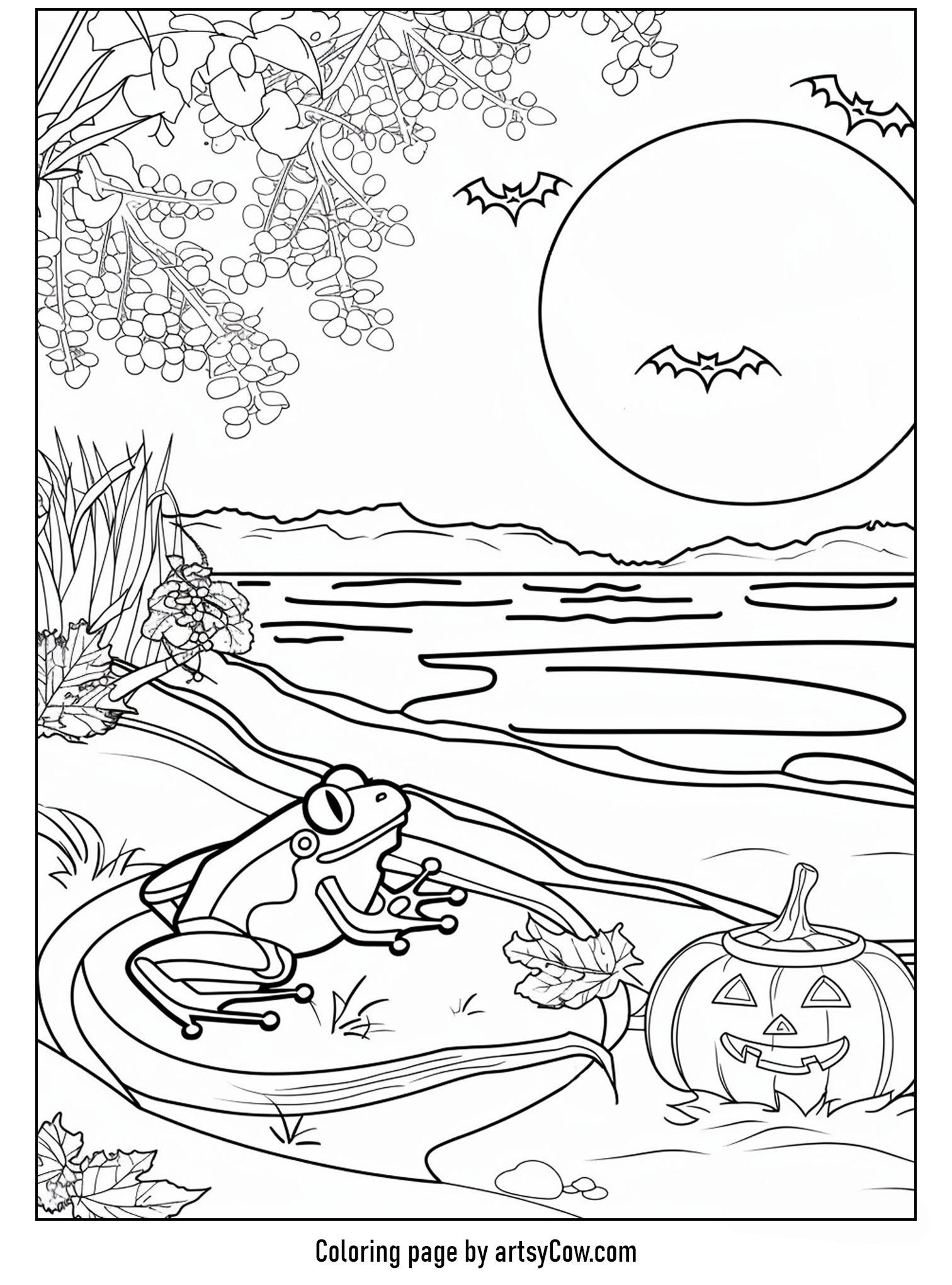 a frog sitting on a leave near a pumpkin, under a large moon